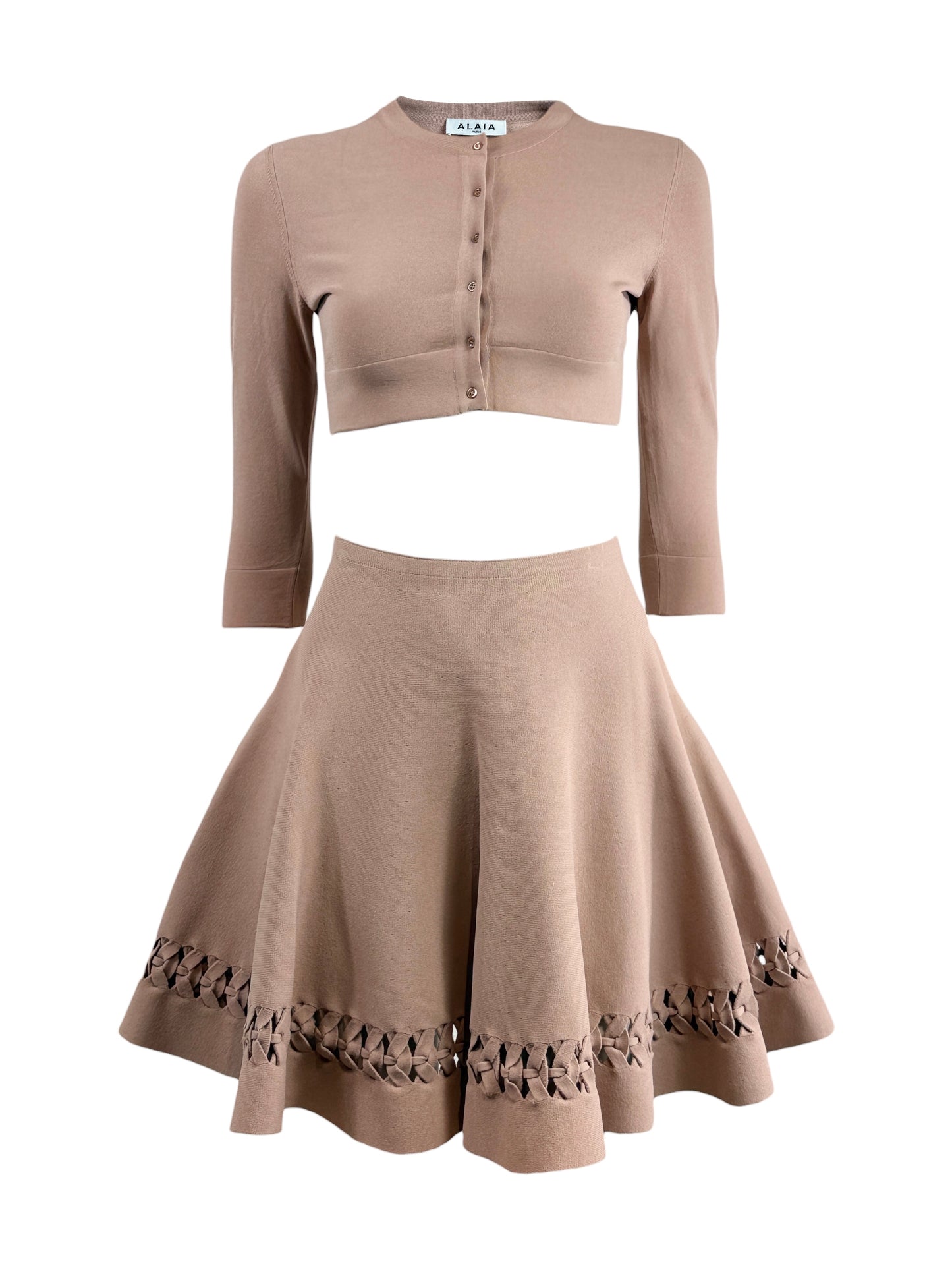 Alaïa nude knit set cardigan skirt