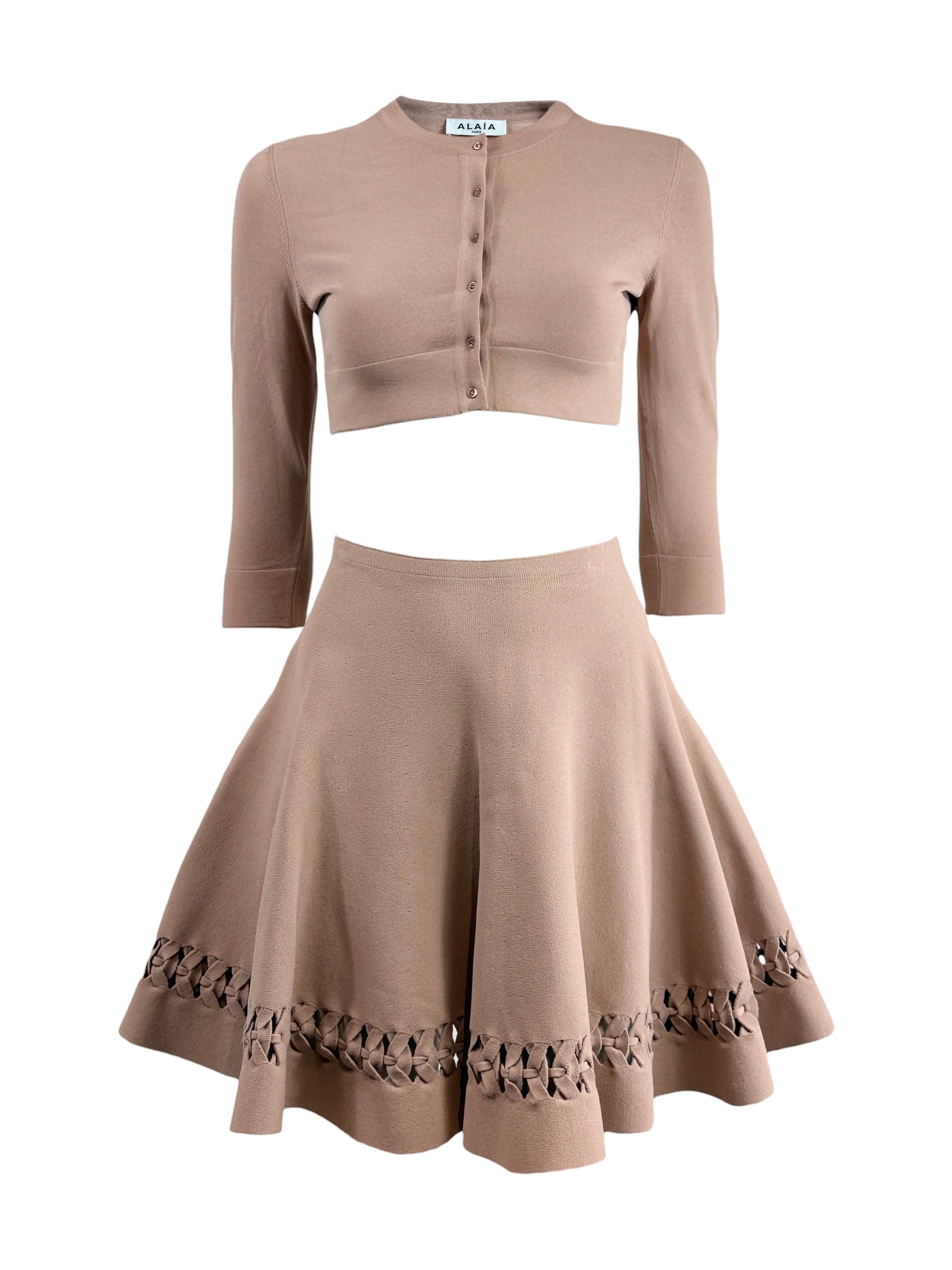 Alaïa nude knit set cardigan skirt