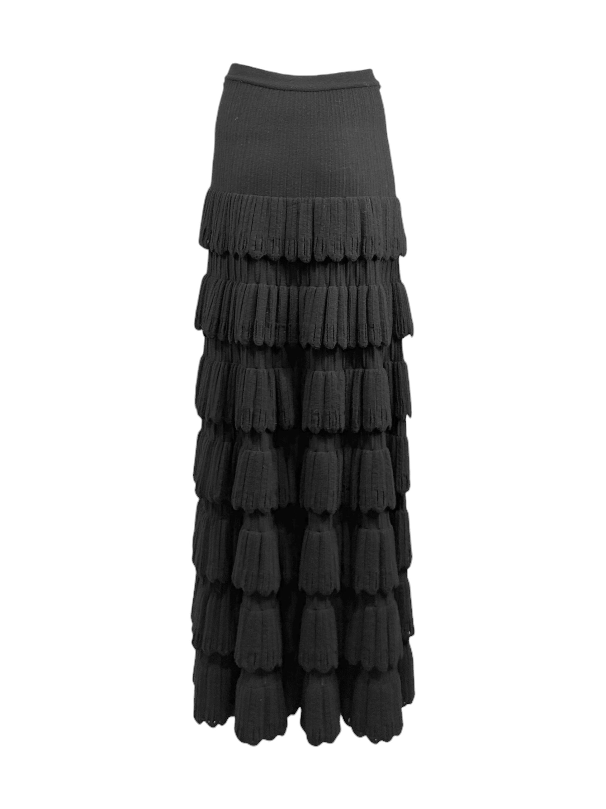 AlaÏa Fall 2009 Long ruffled black textured wool maxi skirt