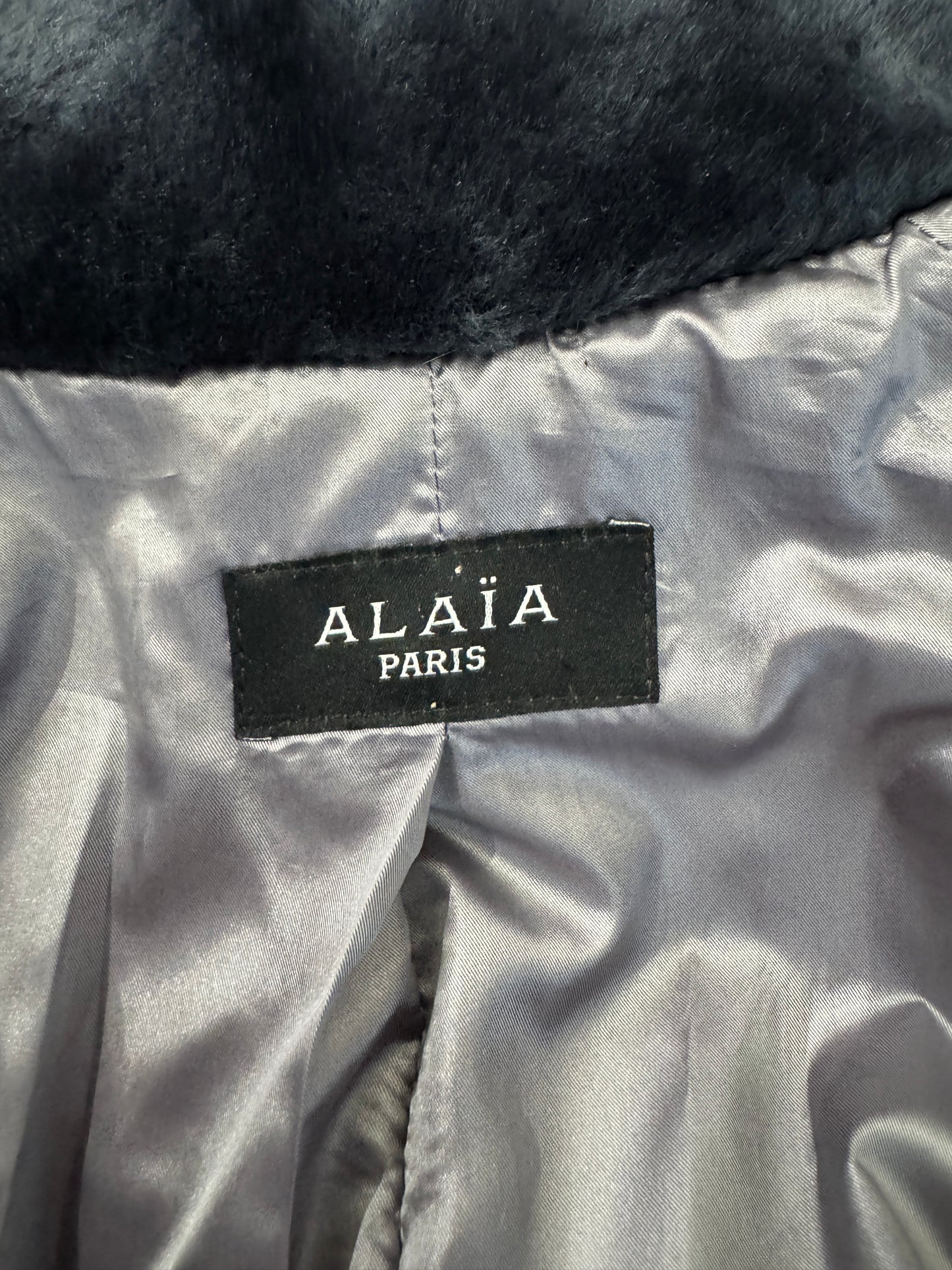 Alaia grey shearling coat godet skirt