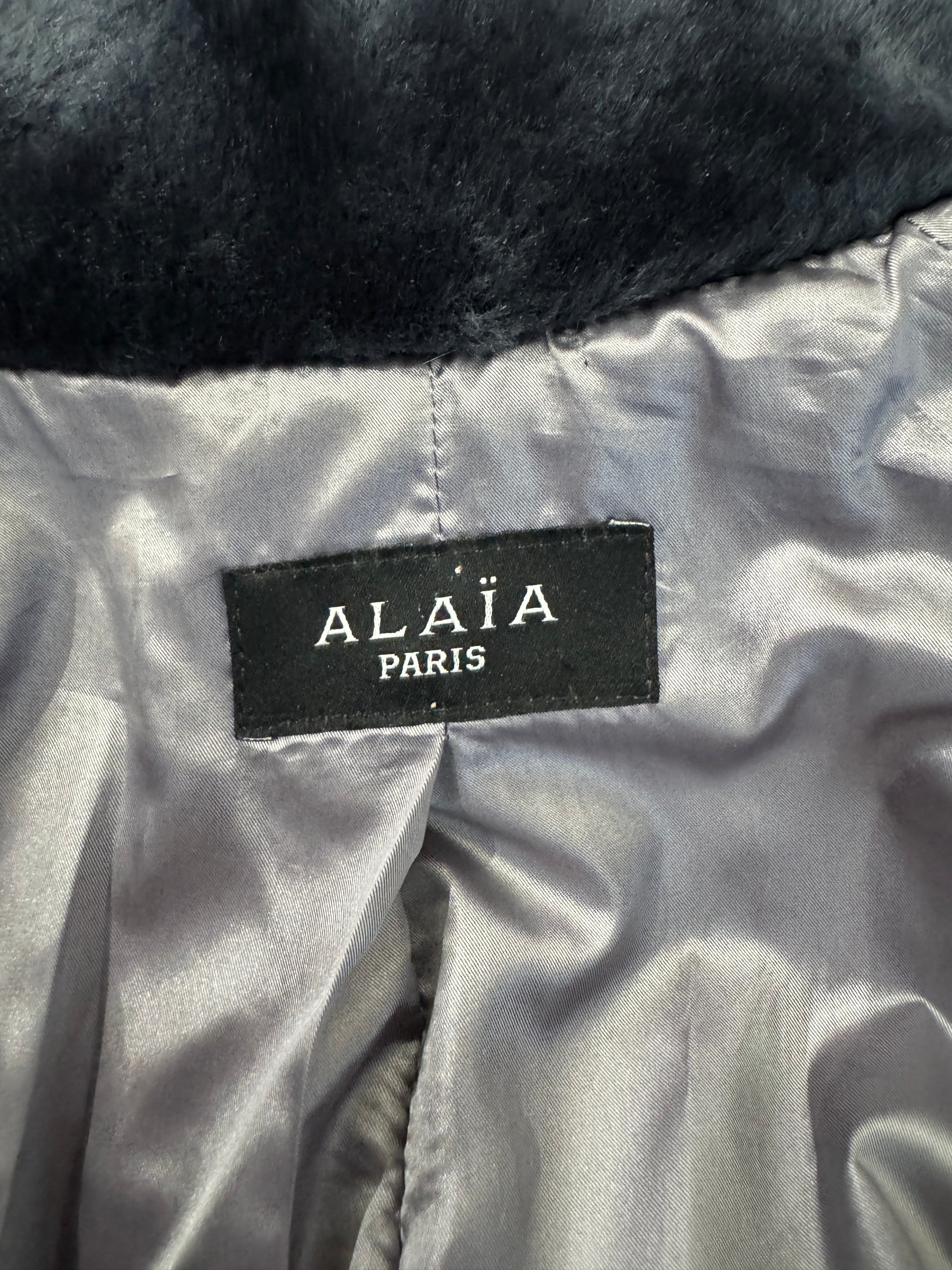 Alaia grey shearling coat godet skirt