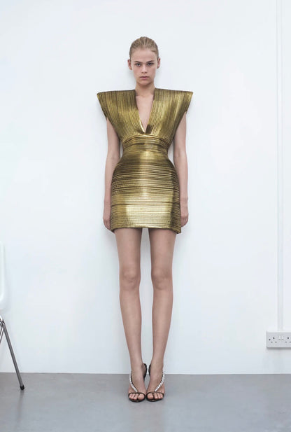 Alexandre Vauthier Spring 2024 Look 4 pleated gold dress