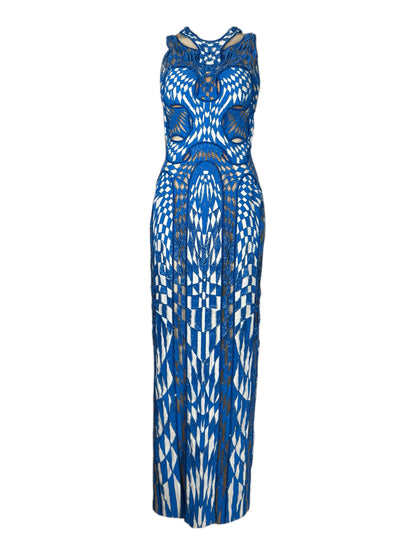 Atelier Versace Spring 2016 Maxi beaded geometric white blue dress