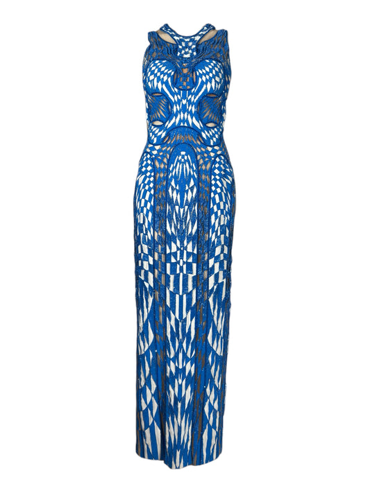 Atelier Versace Spring 2016 Maxi beaded geometric white blue dress