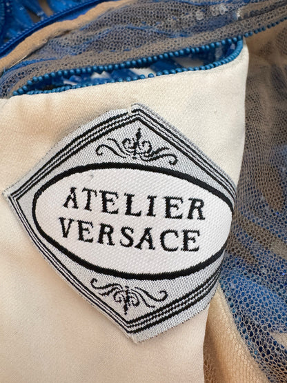 Atelier Versace Spring 2016 Maxi beaded geometric white blue dress