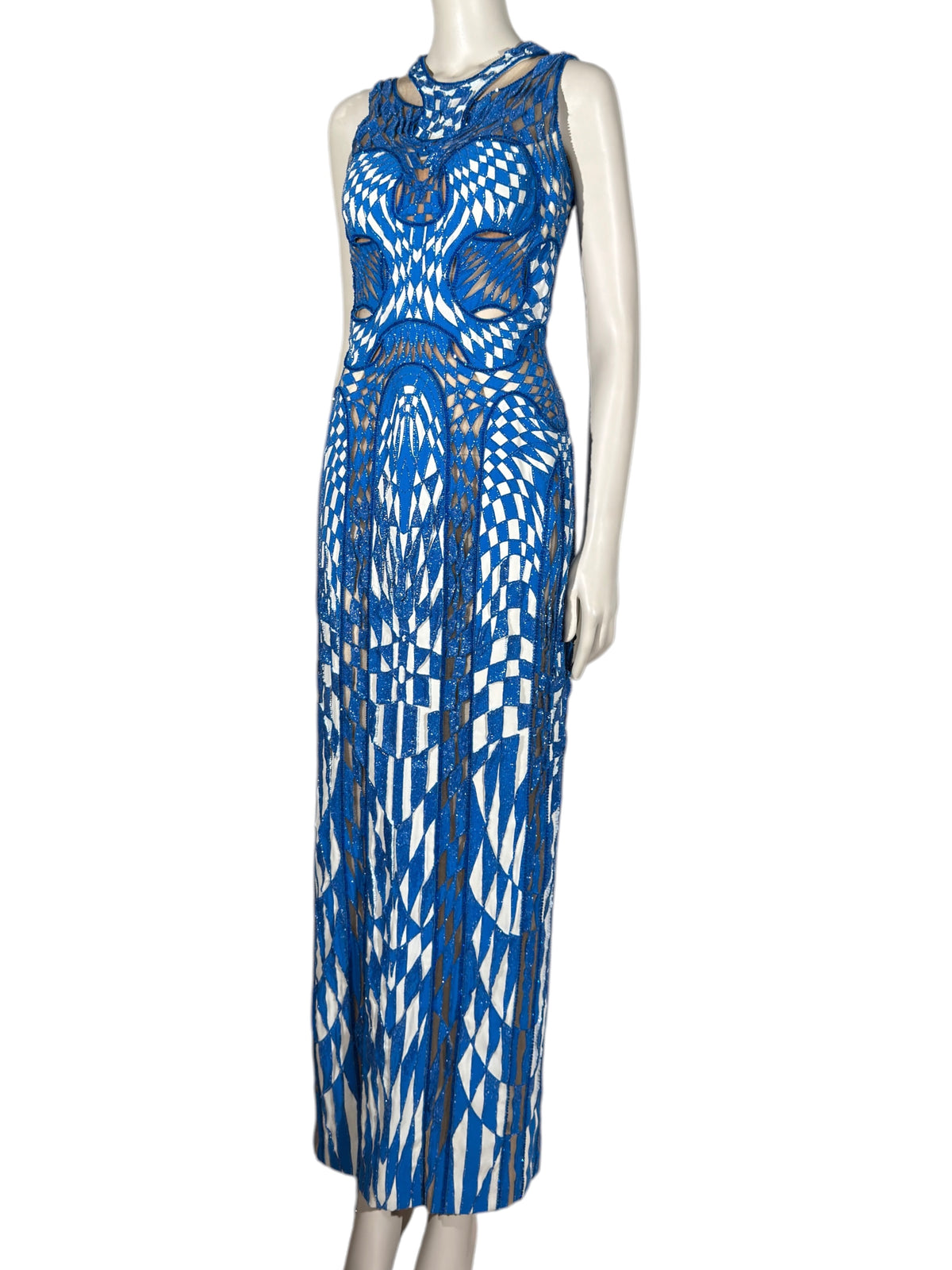 Atelier Versace Spring 2016 Maxi beaded geometric white blue dress