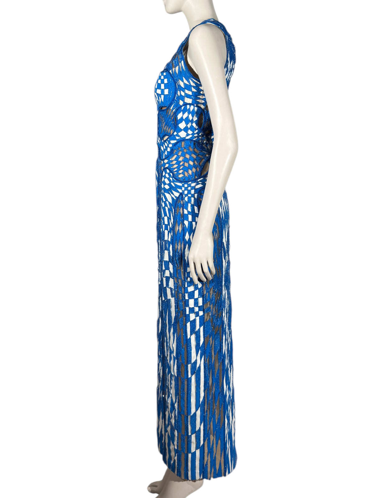 Atelier Versace Spring 2016 Maxi beaded geometric white blue dress
