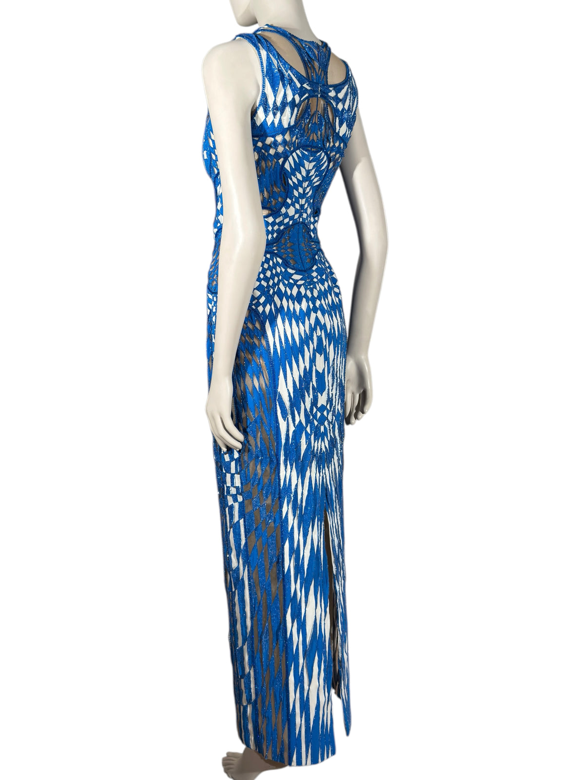 Atelier Versace Spring 2016 Maxi beaded geometric white blue dress