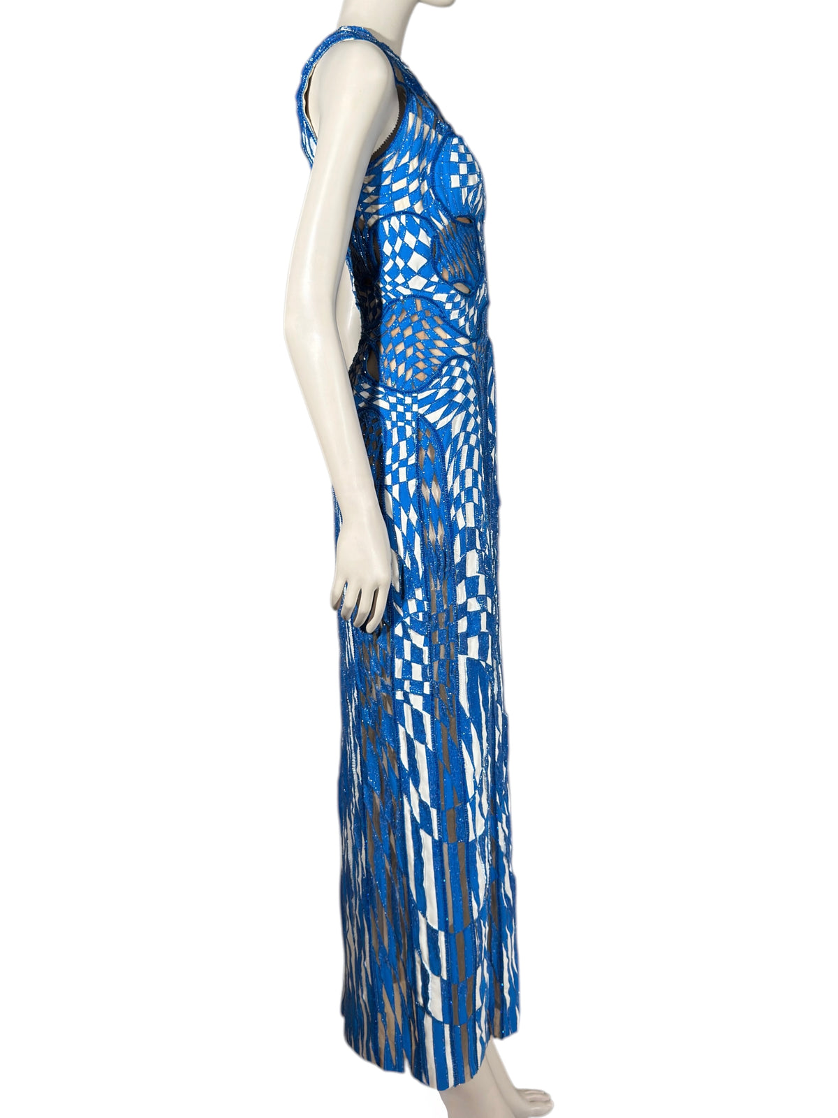 Atelier Versace Spring 2016 Maxi beaded geometric white blue dress