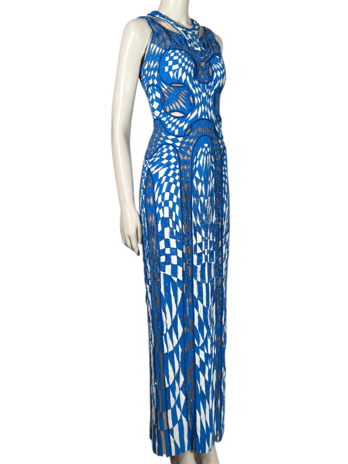 Atelier Versace Spring 2016 Maxi beaded geometric white blue dress
