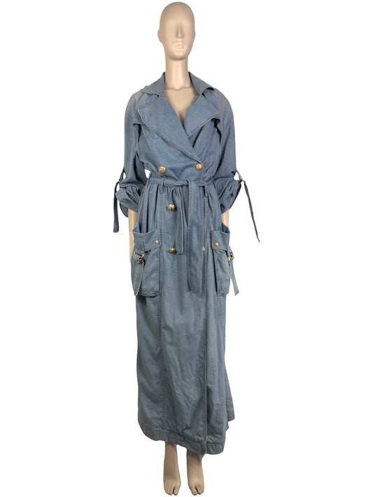 Balmain - Long oversized trench coat in washed denim