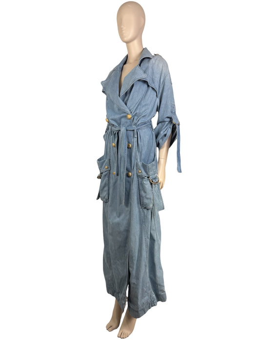 Balmain - Long oversized trench coat in washed denim