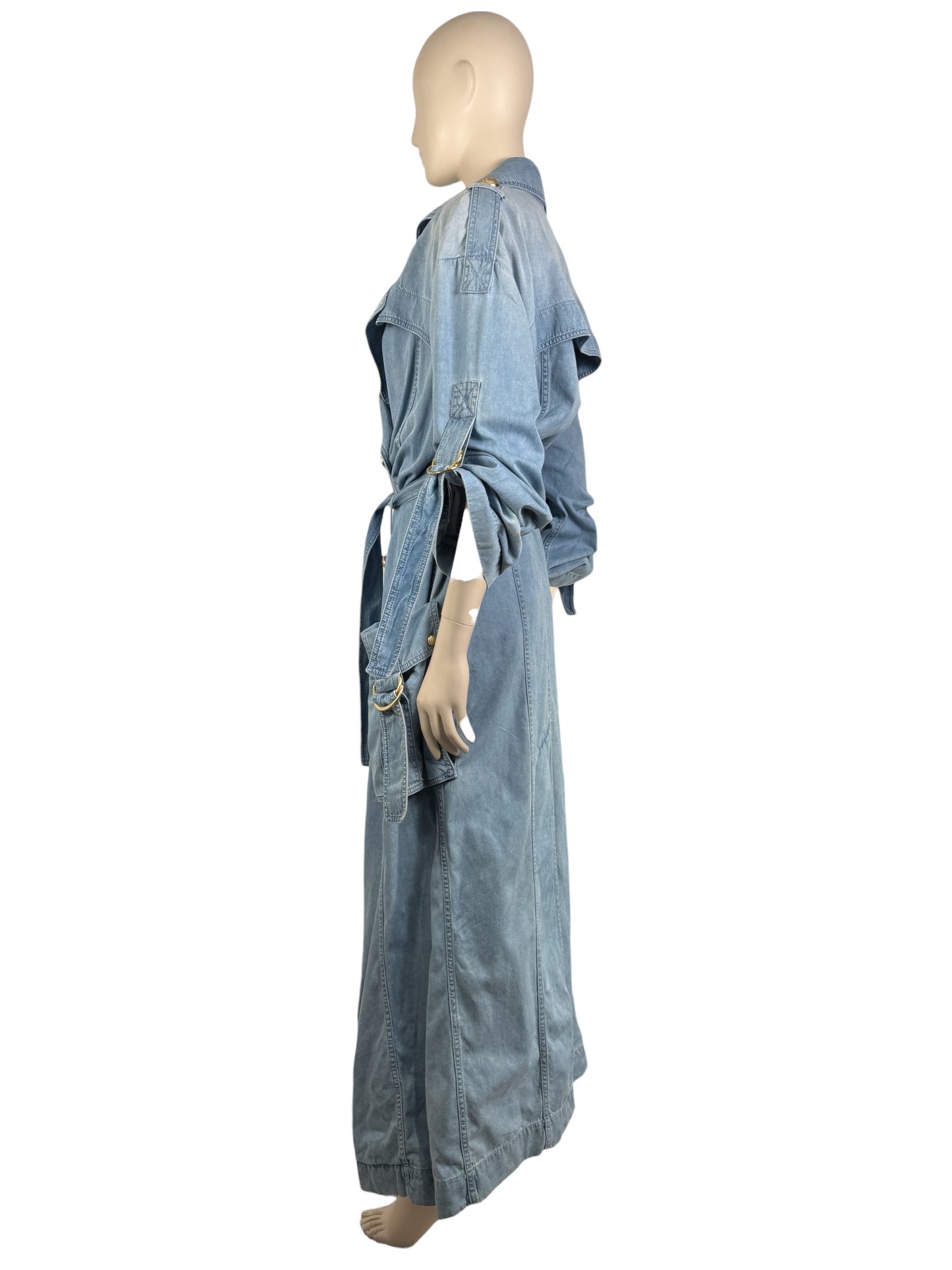 Balmain - Long oversized trench coat in washed denim