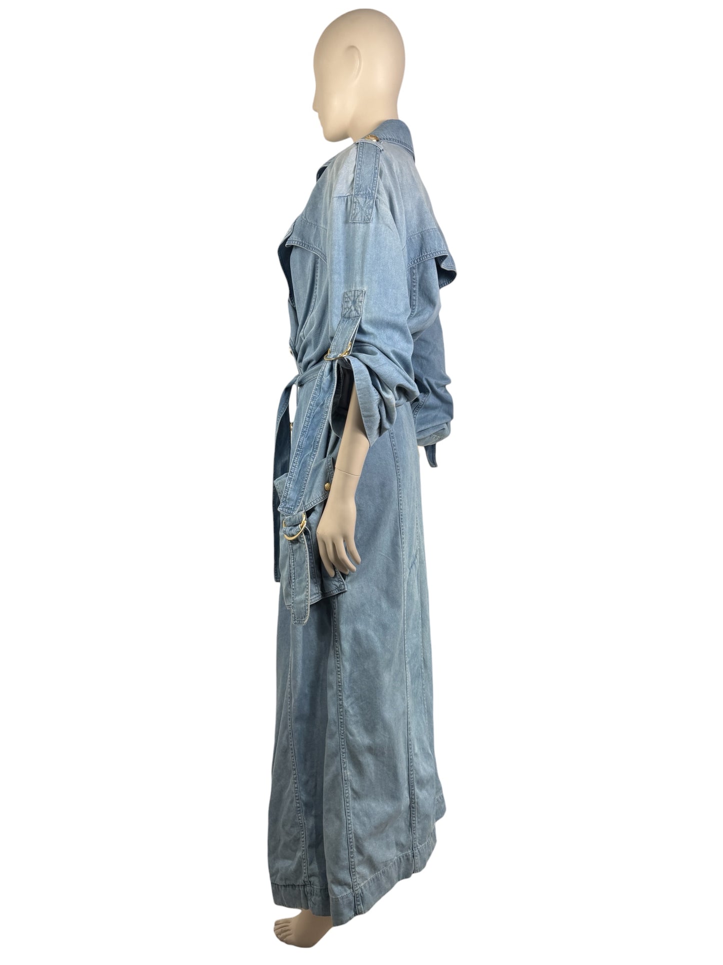 Balmain - Long oversized trench coat in washed denim
