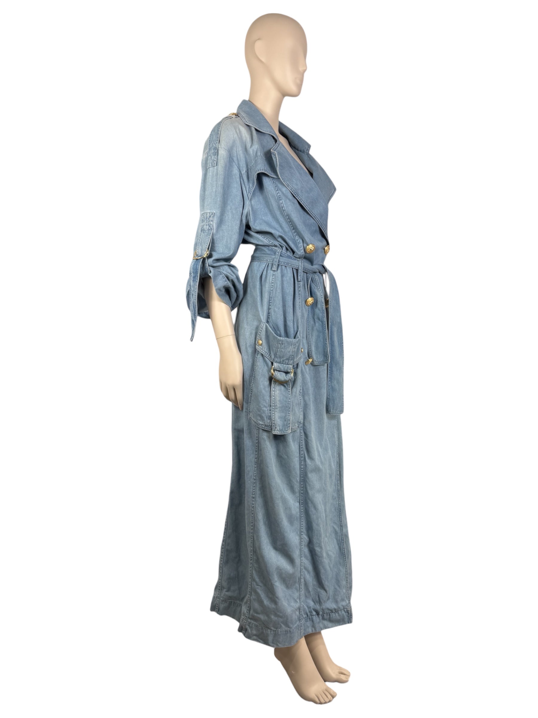 Balmain - Long oversized trench coat in washed denim