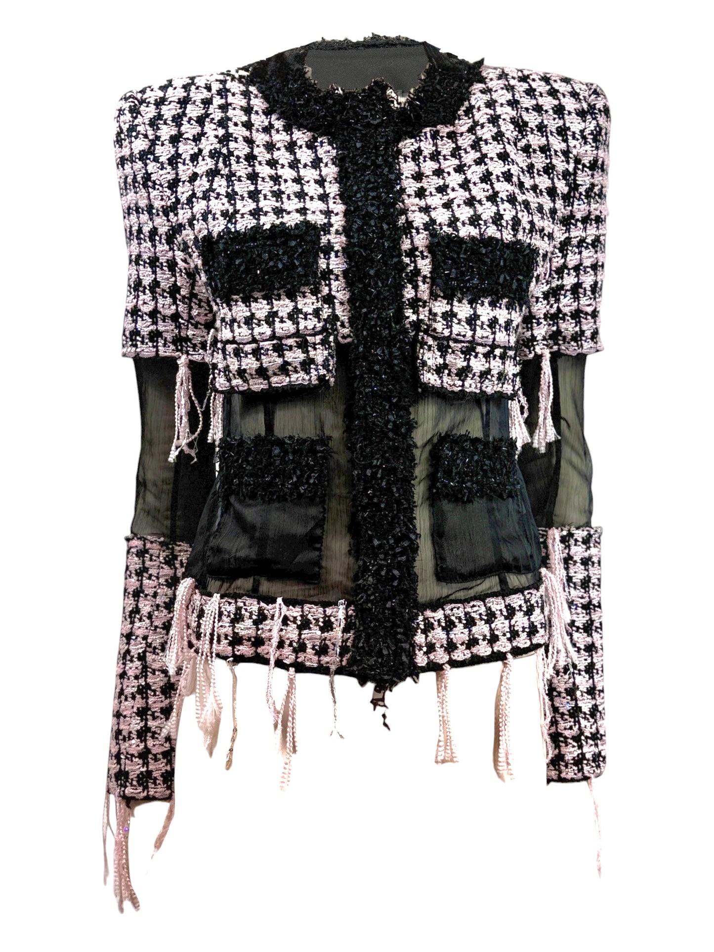 Balmain Olivier Rousteing Fall 2019 Look 20 Black Pink fringe tweed jacket