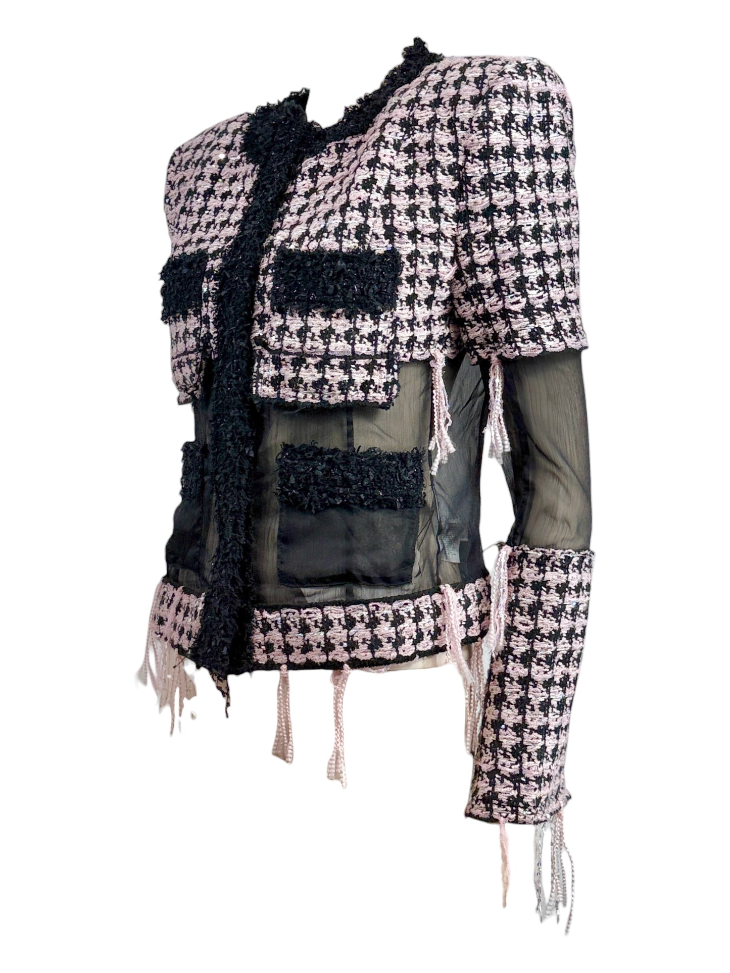 Balmain Olivier Rousteing Fall 2019 Look 20 Black Pink fringe tweed jacket