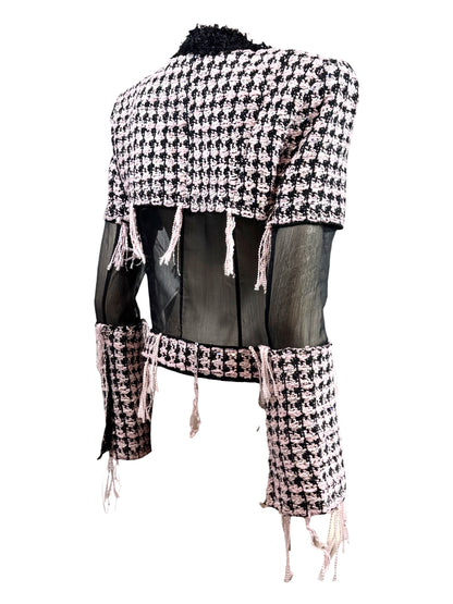 Balmain Olivier Rousteing Fall 2019 Look 20 Black Pink fringe tweed jacket