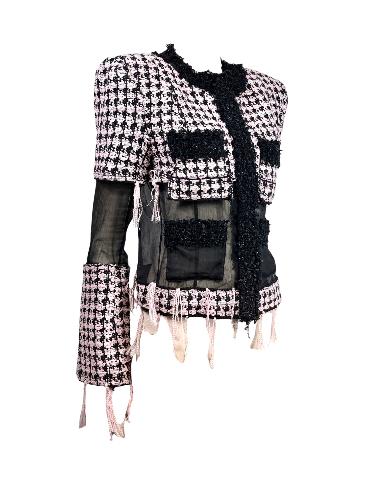 Balmain Olivier Rousteing Fall 2019 Look 20 Black Pink fringe tweed jacket
