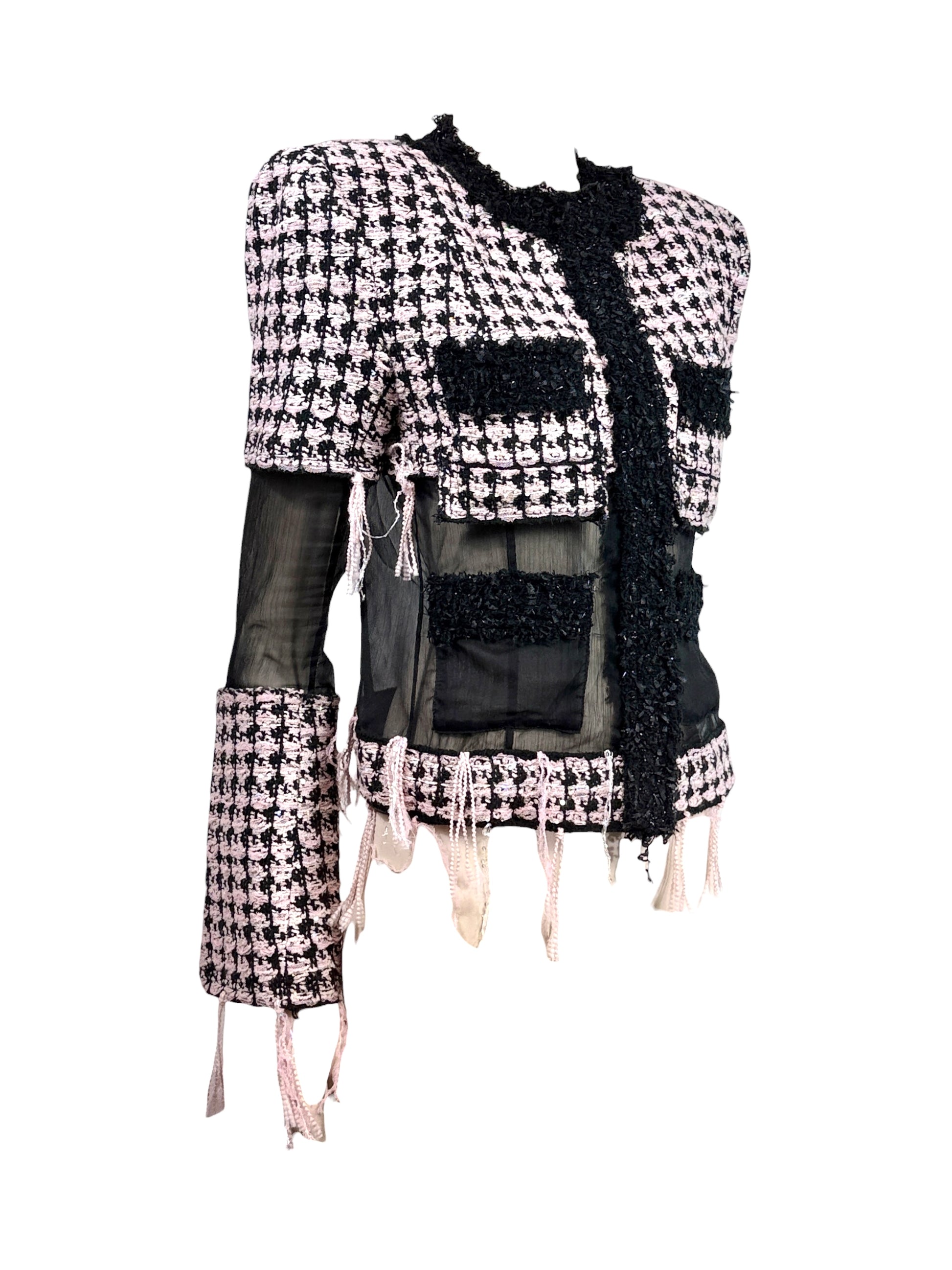 Balmain Olivier Rousteing Fall 2019 Look 20 Black Pink fringe tweed jacket