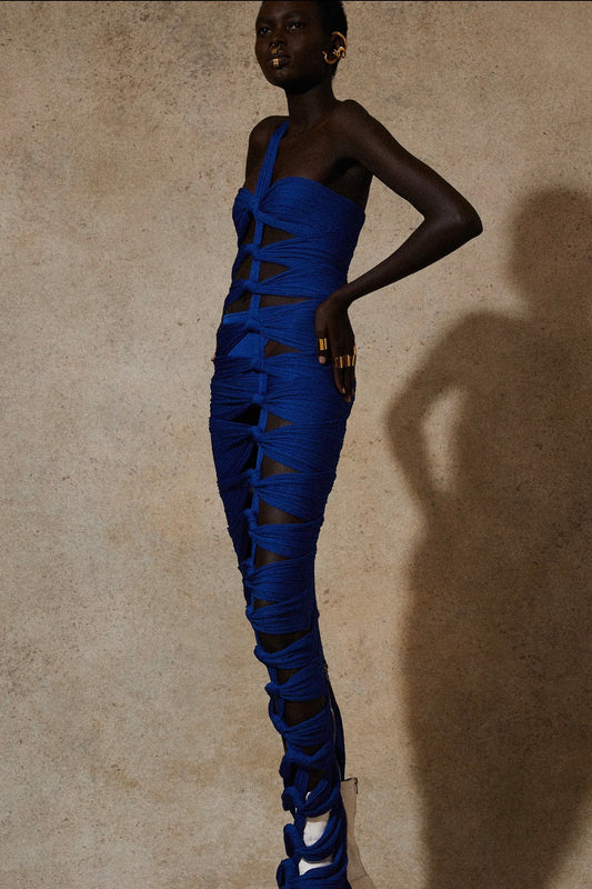 Balmain Olivier Rousteing Resort 2023 Look 47 Long navy knit dress