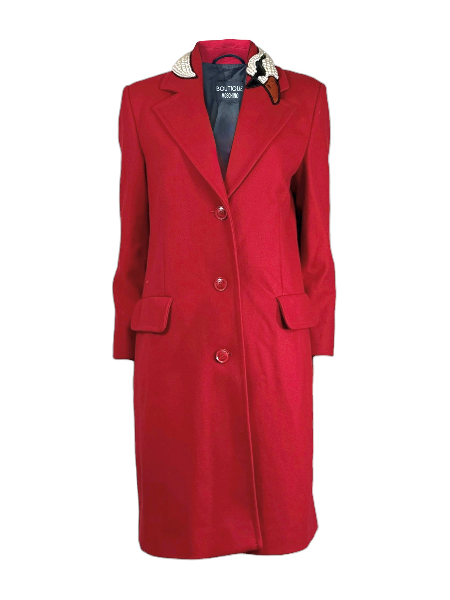 Boutique Moschino Jeremy Scott Fall 2020 Red wool coat swan collar