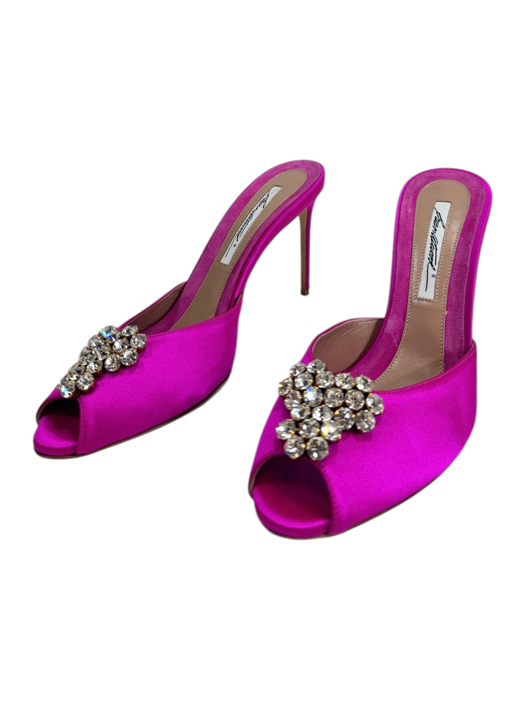 Brian Atwood pink satin mules crystal