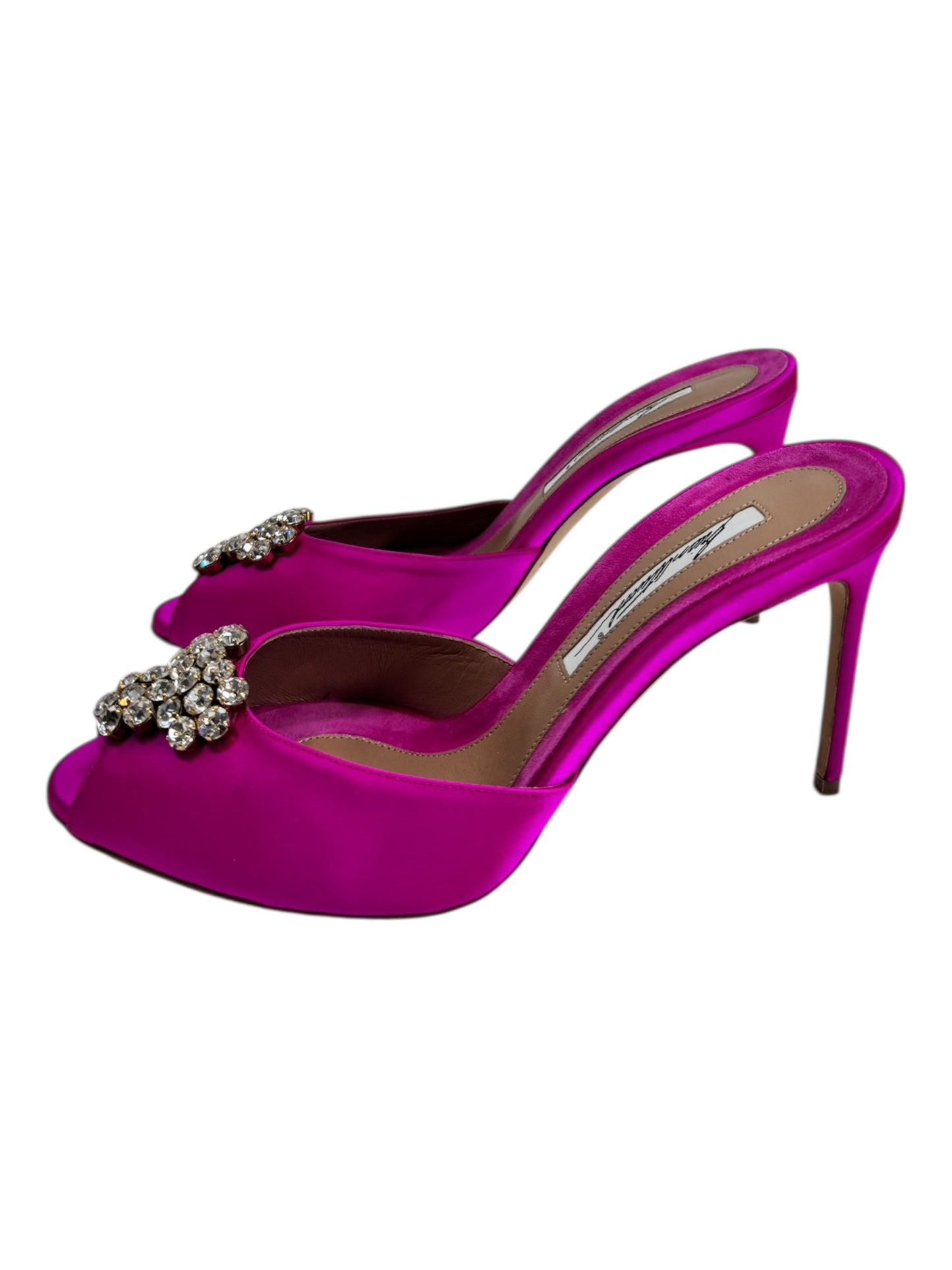 Brian Atwood pink satin mules crystal