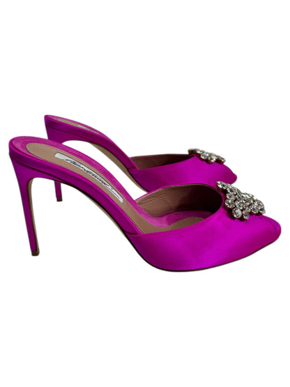 Brian Atwood pink satin mules crystal