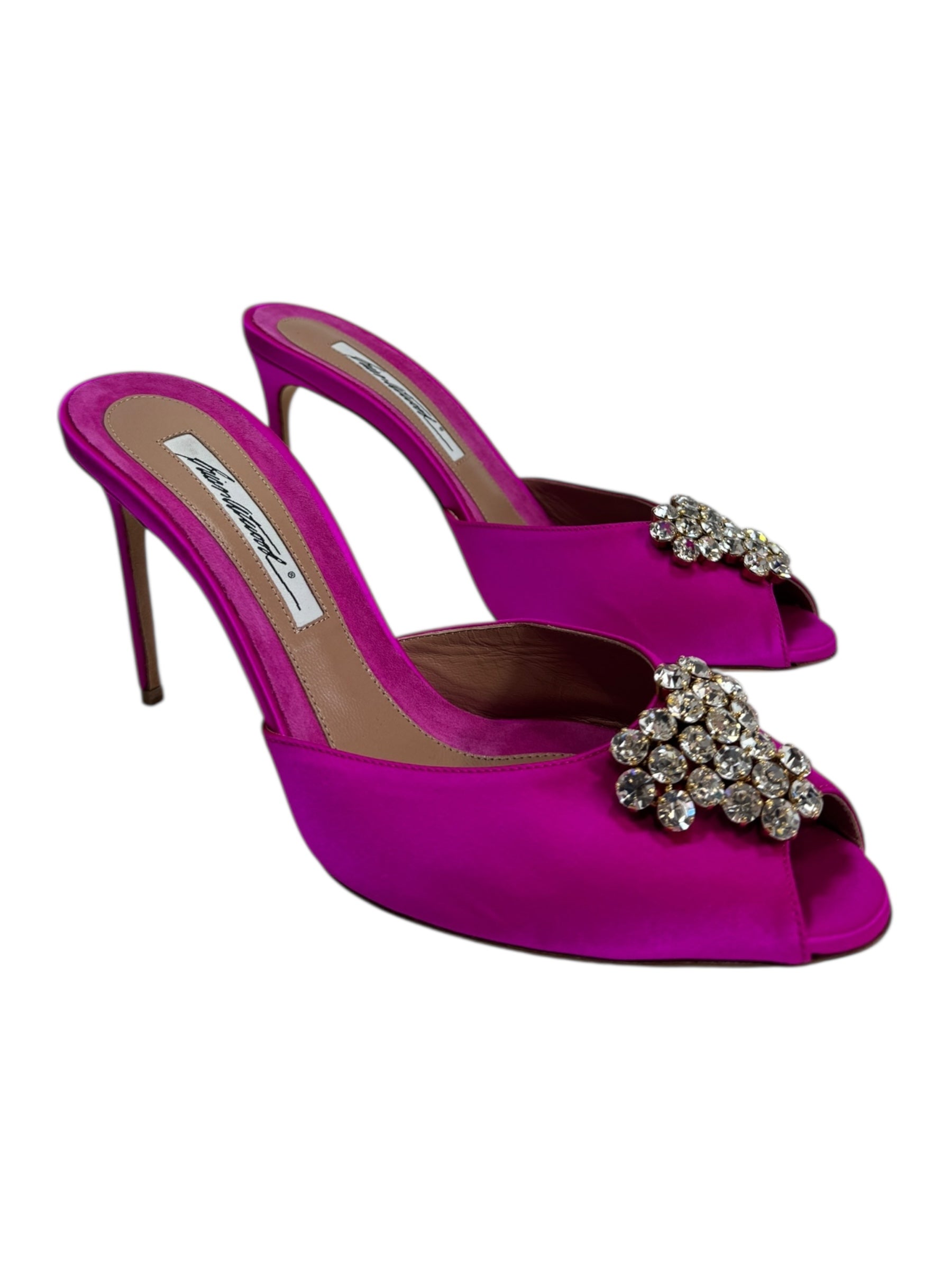Brian Atwood pink satin mules crystal