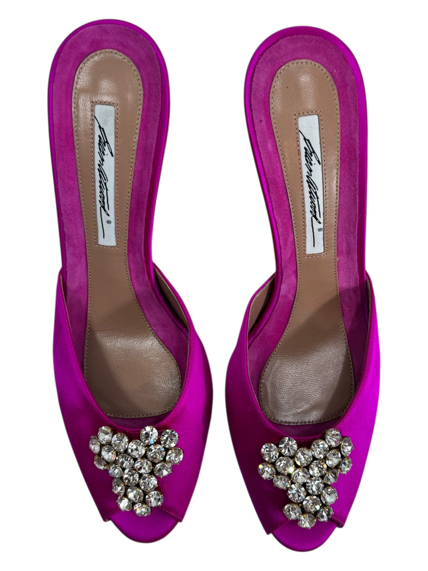Brian Atwood pink satin mules crystal