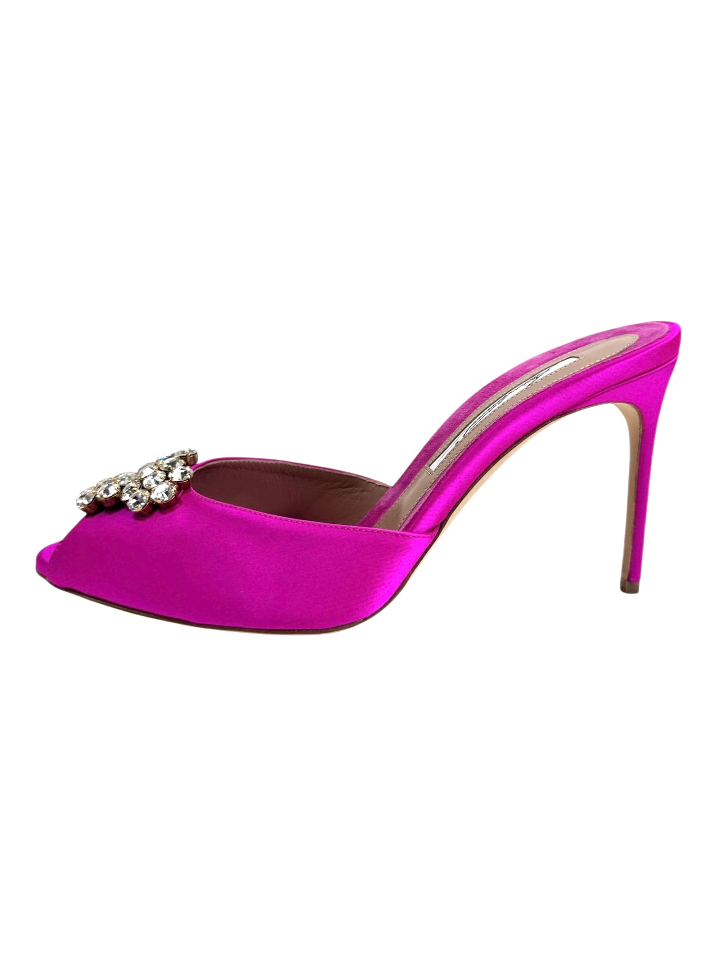 Brian Atwood pink satin mules crystal