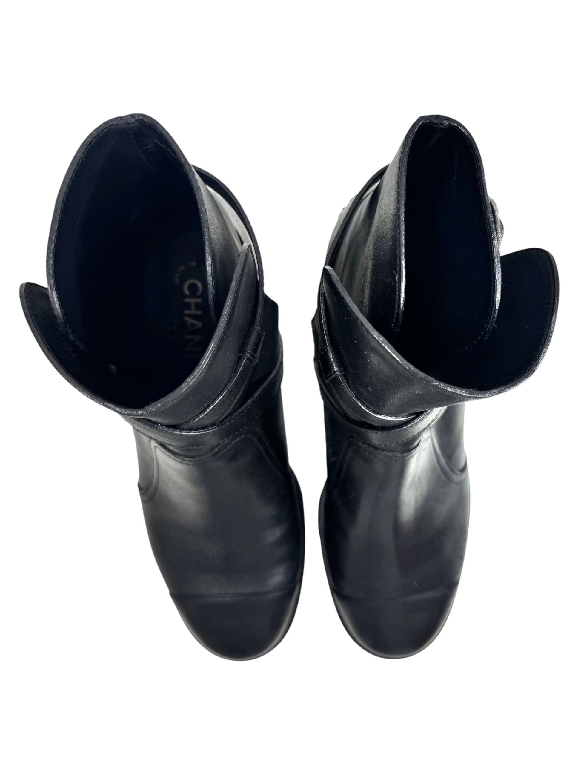 Chanel black leather metallic boots