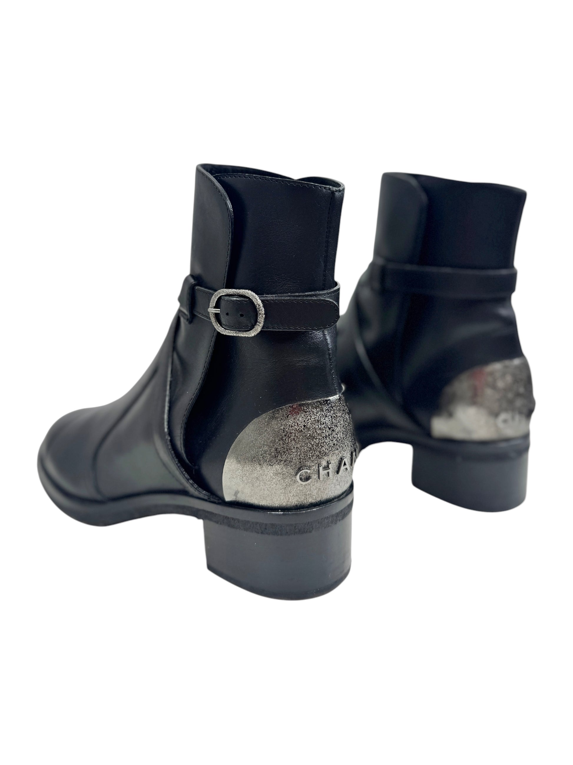 Chanel black leather metallic boots