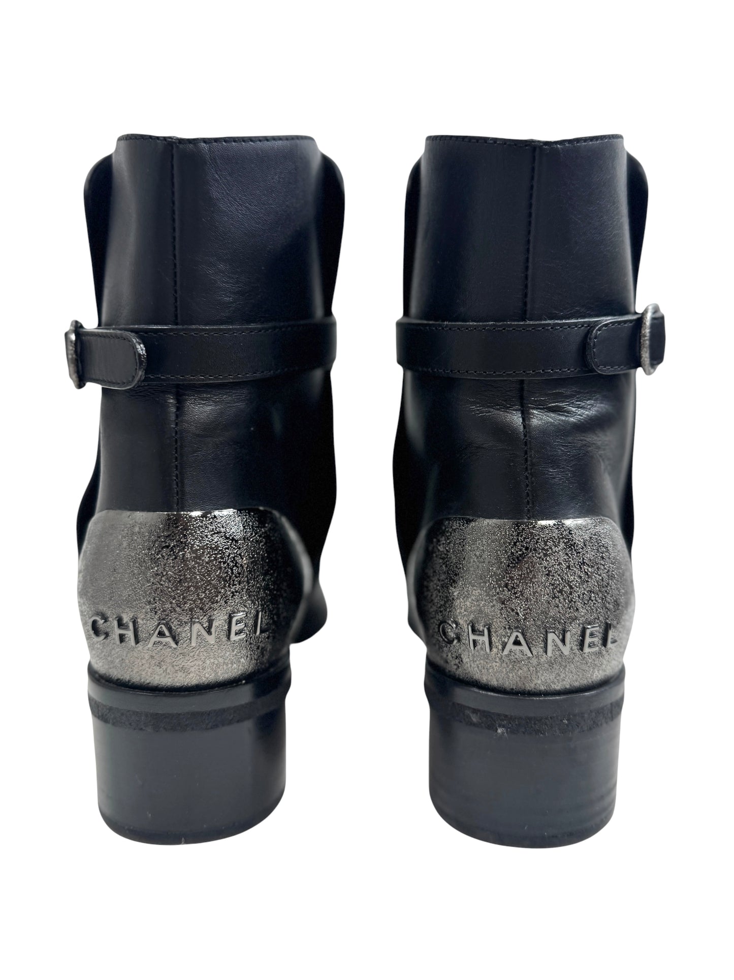 Chanel black leather metallic boots