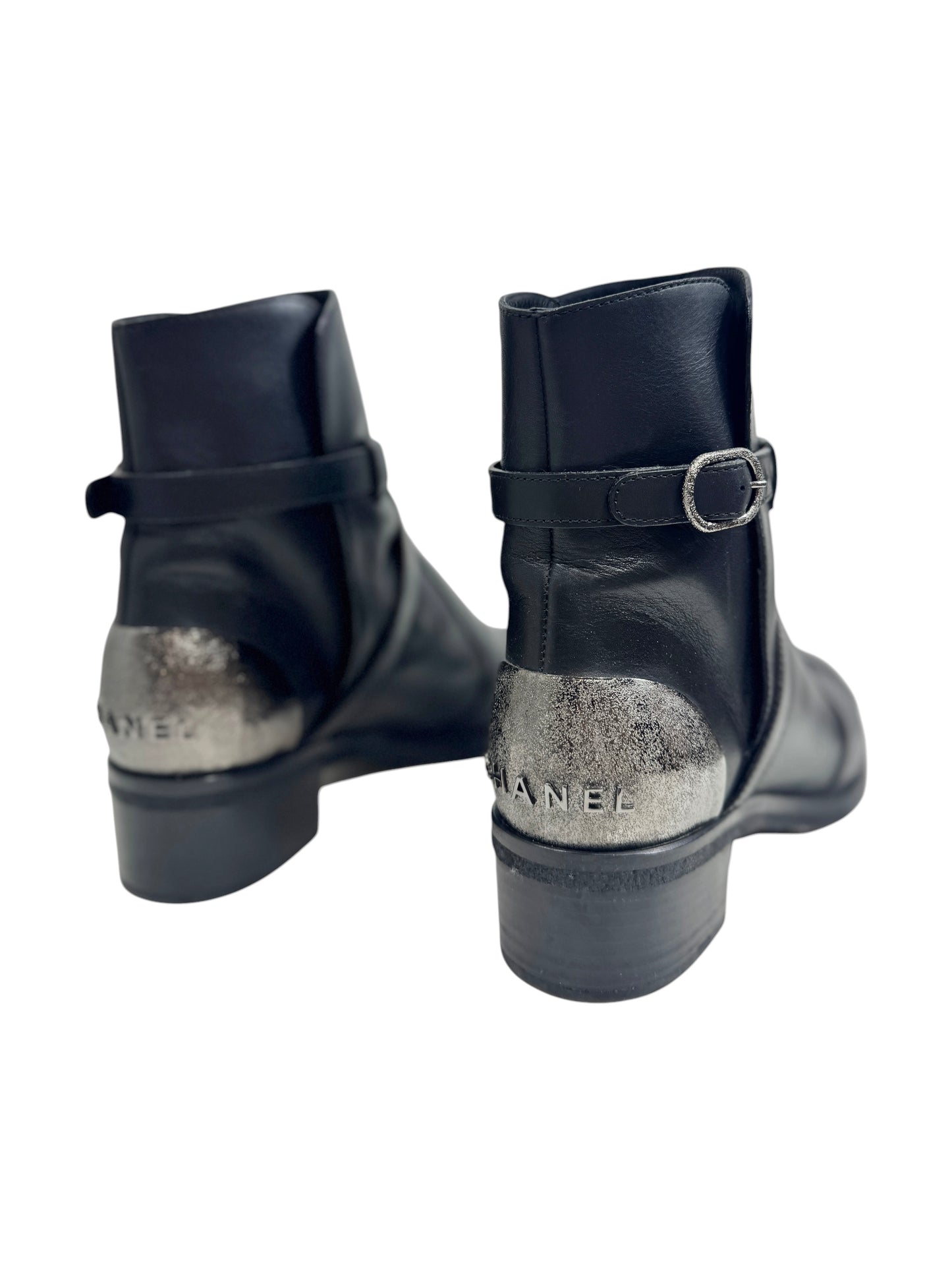Chanel black leather metallic boots