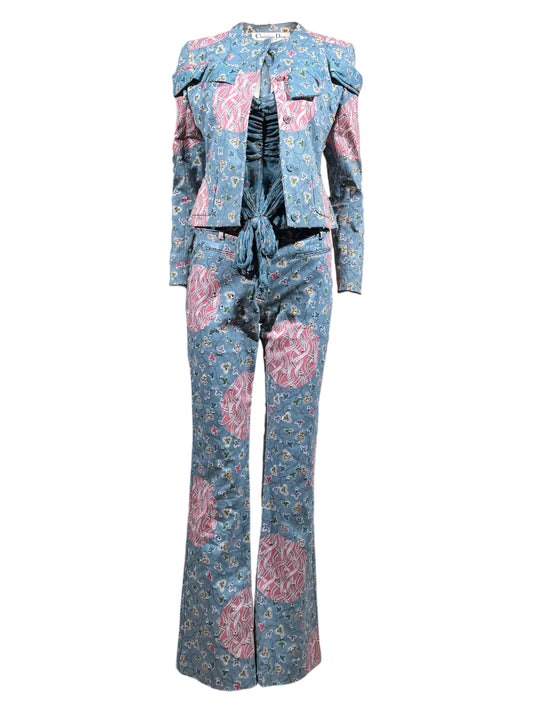 Christian Dior Boutique John Galliano Spring 2003 Blue denim printed suit
