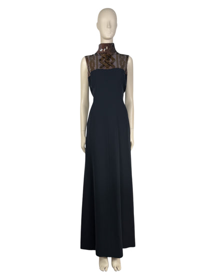Christian Dior  Raf Simons Autumn/Winter 2015-2016 Collection - Long navy silk and wool dress, sequined collar with cable pattern 1