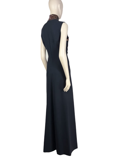 Christian Dior  Raf Simons Autumn/Winter 2015-2016 Collection - Long navy silk and wool dress, sequined collar with cable pattern 5