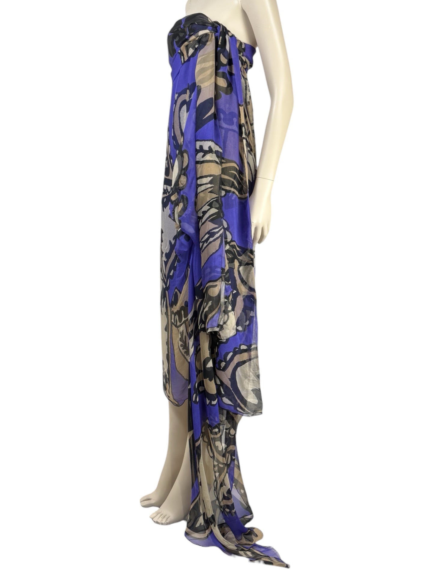 Christian Lacroix  Spring/Summer 2008 Look 54 - Asymmetrical strapless dress in multicoloured printed silk chiffon 1