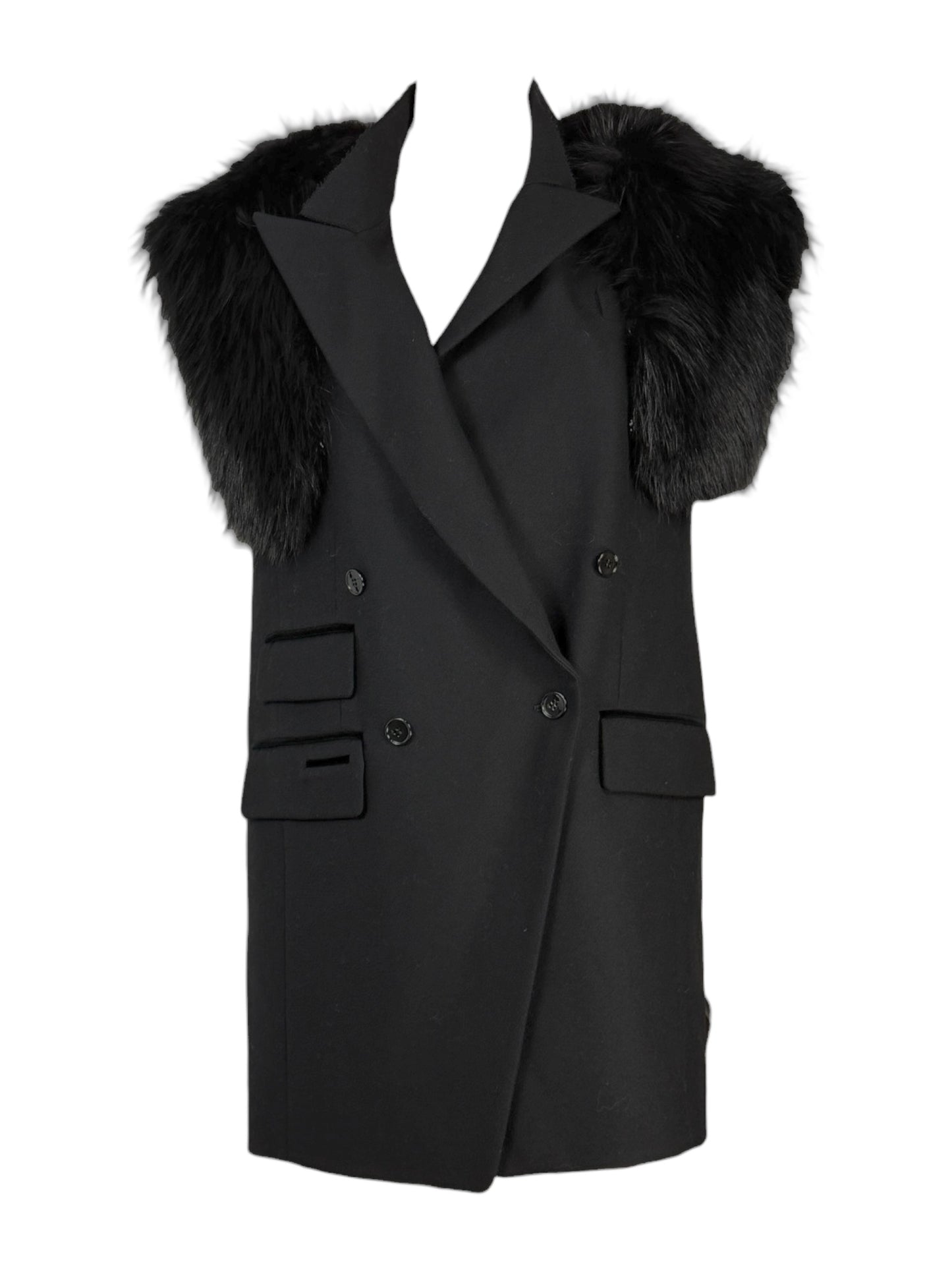 Dolce & Gabbana - Sleeveless jacket in black wool, detachable collar in glossy fox fur, vest-style back in shaped crepe