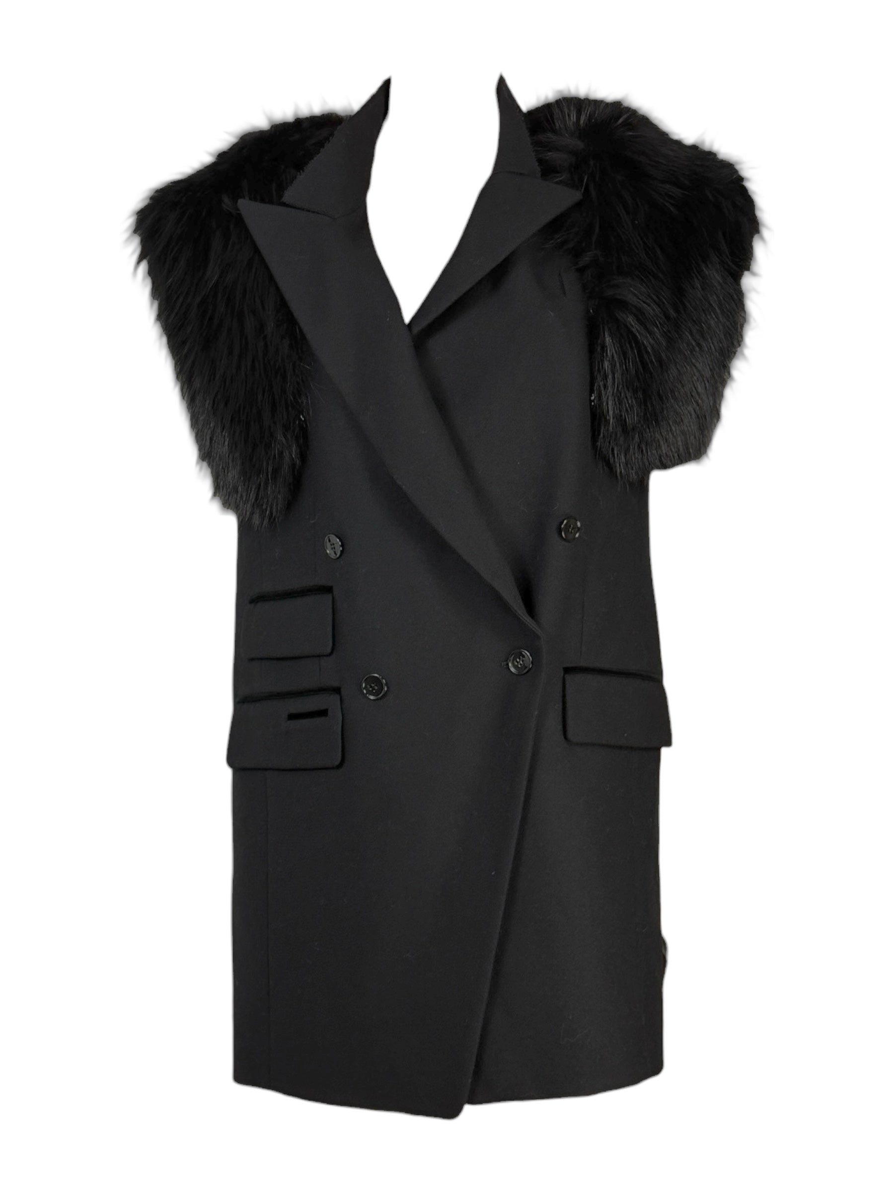 Dolce & Gabbana - Sleeveless jacket in black wool, detachable collar in glossy fox fur, vest-style back in shaped crepe