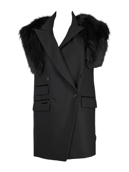 Dolce & Gabbana - Sleeveless jacket in black wool, detachable collar in glossy fox fur, vest-style back in shaped crepe