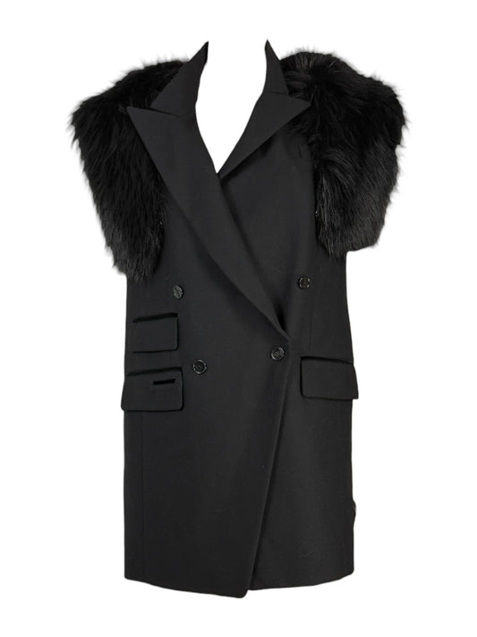 Dolce & Gabbana - Sleeveless jacket in black wool, detachable collar in glossy fox fur, vest-style back in shaped crepe