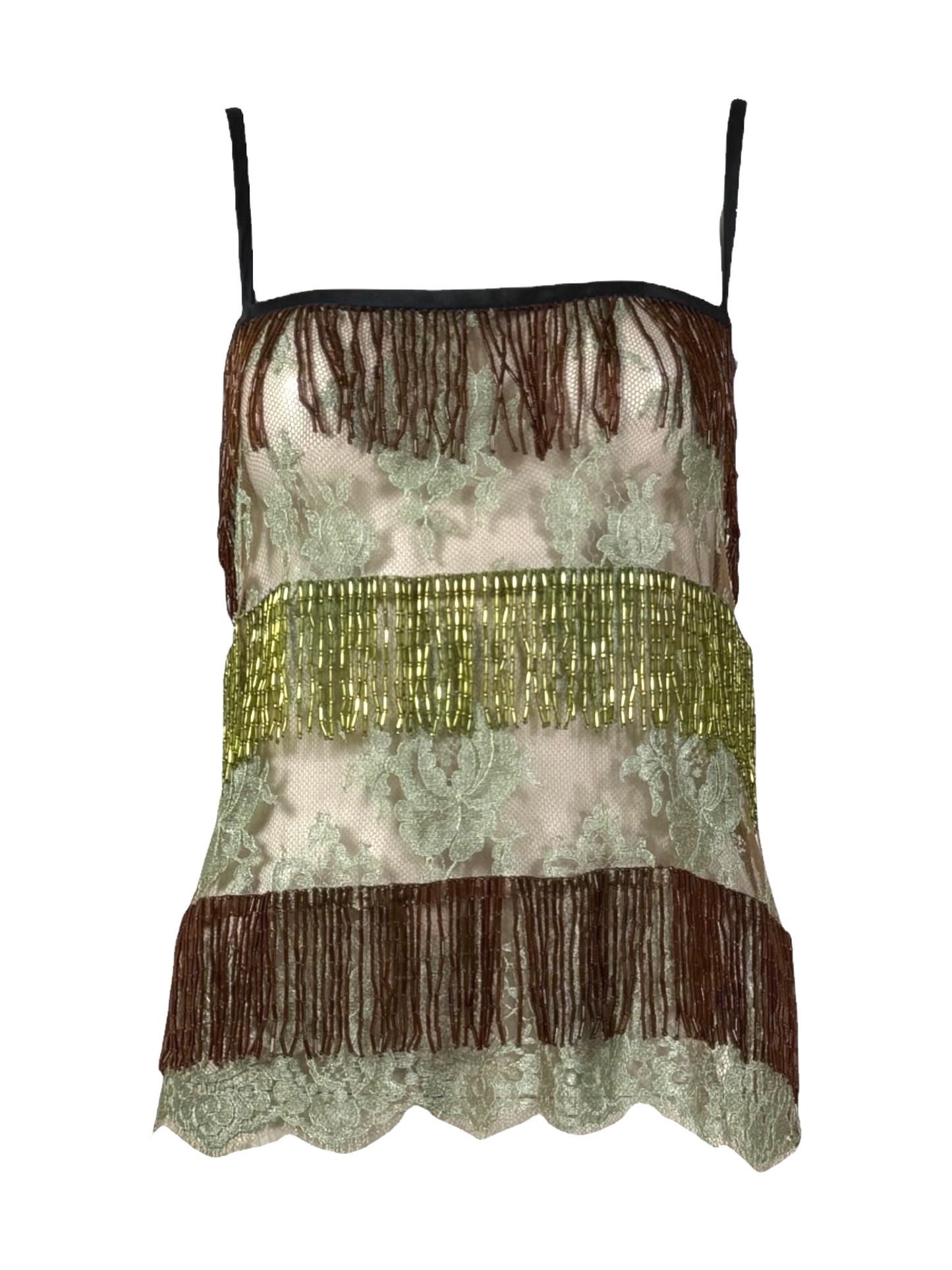 Dolce & Gabbana - Spring/Summer 2000  - Look 30 - Black satin and multicoloured lace camisole top, embellished with beaded fringe