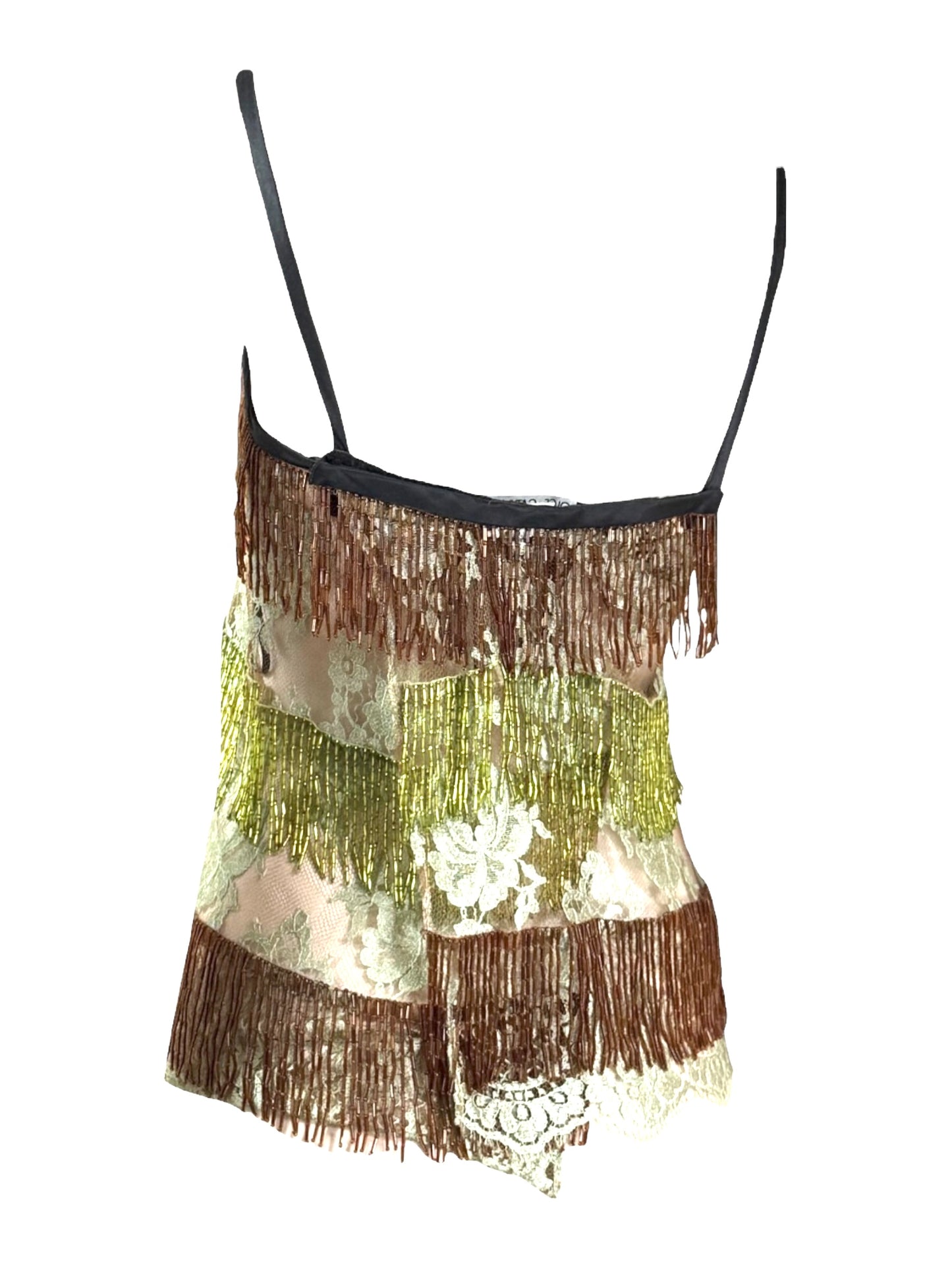Dolce & Gabbana - Spring/Summer 2000  - Look 30 - Black satin and multicoloured lace camisole top, embellished with beaded fringe