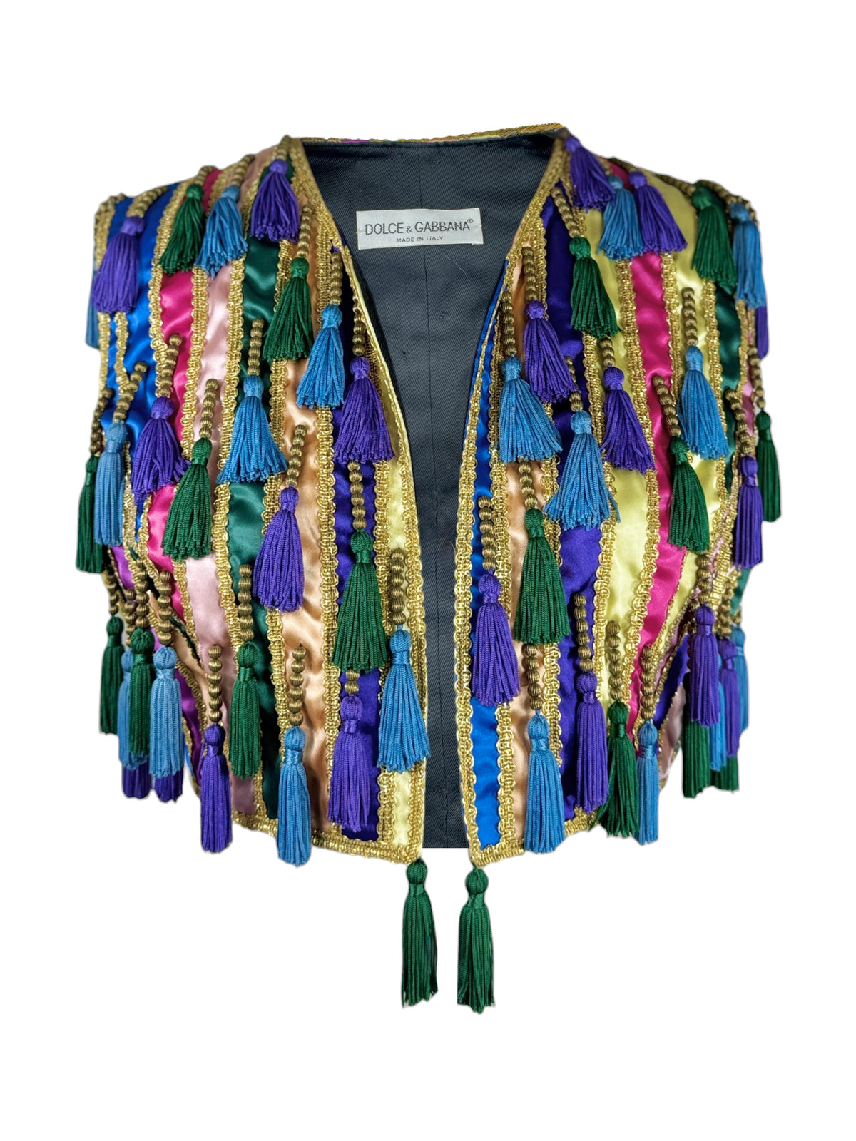Dolce Gabbana Spring 1993 Look 53 multicolor vest with tassel and passementerie