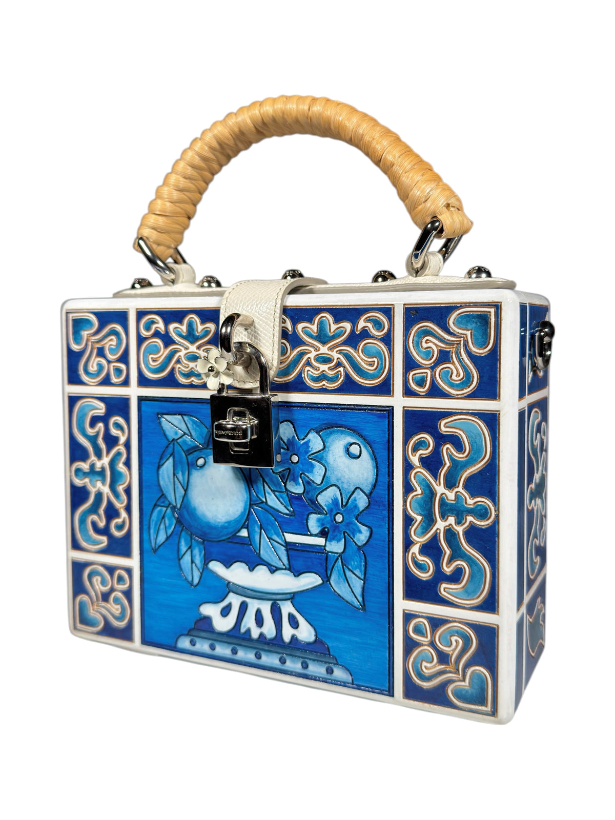 Dolce Gabbana Spring 2015 Majolica wood engraved box white blue painted