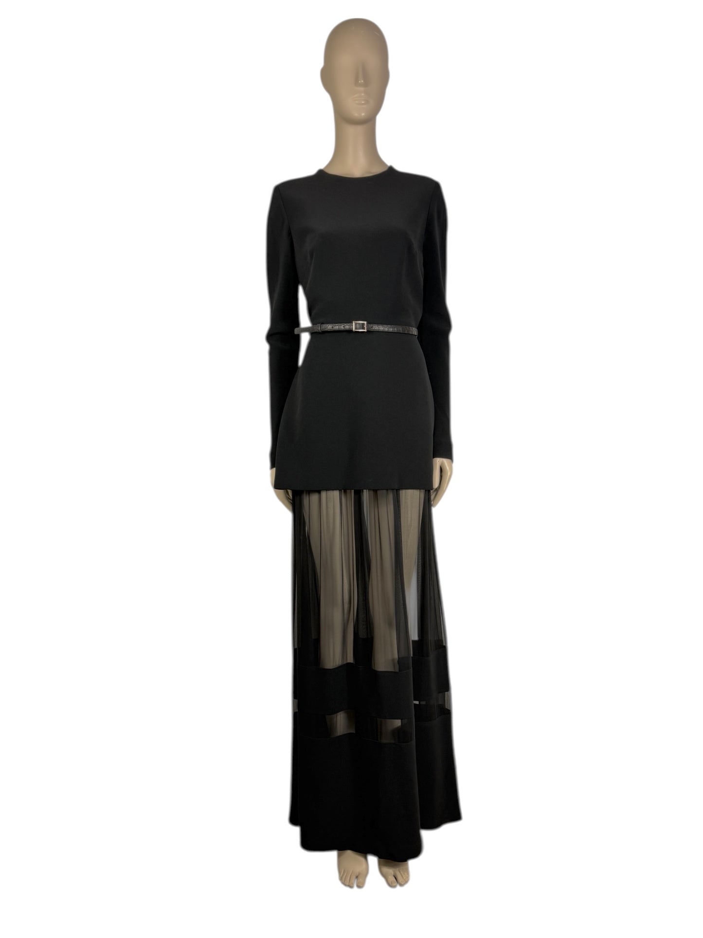 Elie Saab - Prefall 2014 Collection - Long faux two-piece dress in black silk blend, belt