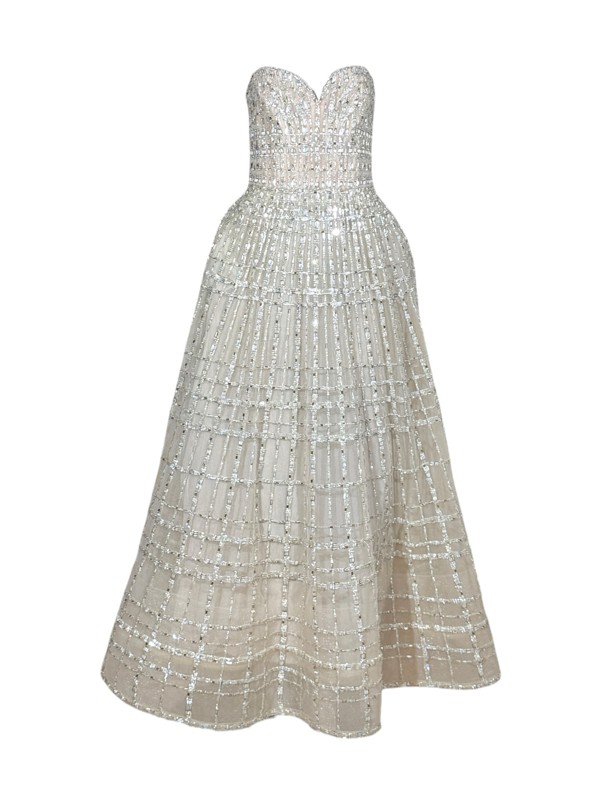 Elie Saab Strapless maxi princess embroidered nude tulle dress